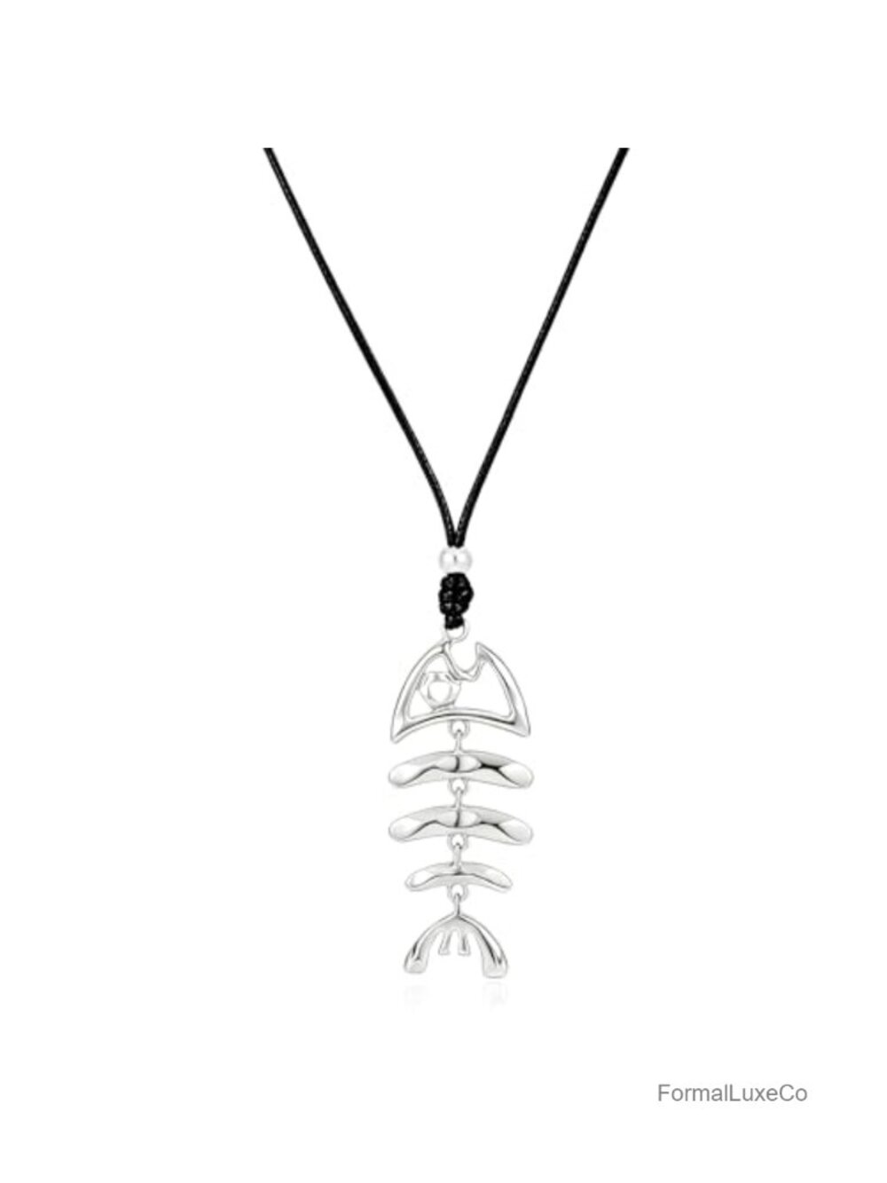 Gold Plated Statement Fish Bone Pendant Necklace Long Wax Cord Chain Women